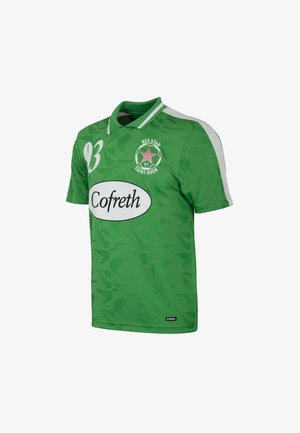 Groen voetbalshirt met een geometrisch patroon, witte accenten op de schouders, kraag, clublogo en sponsortekst in het midden.
