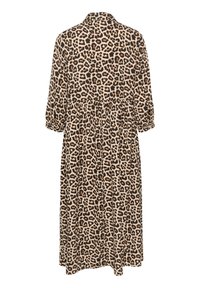 Rochie cu imprimeu de leopard, cu guler, mâneci lungi cu volane și talie strânsă, realizată dintr-un material ușor, cu o textură fină.