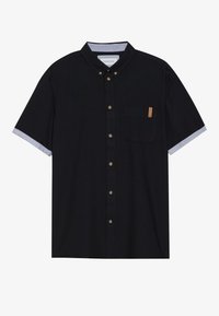 Camicia nera a maniche corte con colletto, dotata di bottoni dorati, taschino sul petto e dettagli azzurri ai polsini.