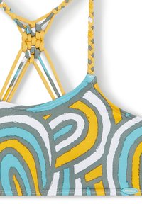 Multicolored bikini top met een spiraalpatroon in teal, grijs en geel. Verstelbare gevlochten bandjes en stevige stiksels.