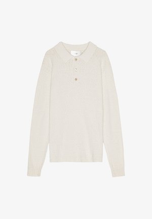 Långärmad, krämfärgad polo-shirt i strukturerad tyg med spetsig krage och knappslå med tre knappar.