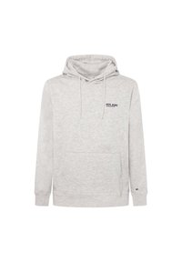 Felpa con cappuccio grigio chiaro con tasca frontale, cappuccio con coulisse, logo "PEPE JEANS" sul petto e piccolo testo "W11" sul polsino della manica sinistra.