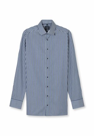 Button-up shirt with long sleeves, features vertical navy and white stripes, a collar, and black buttons along the front. Cotton material.