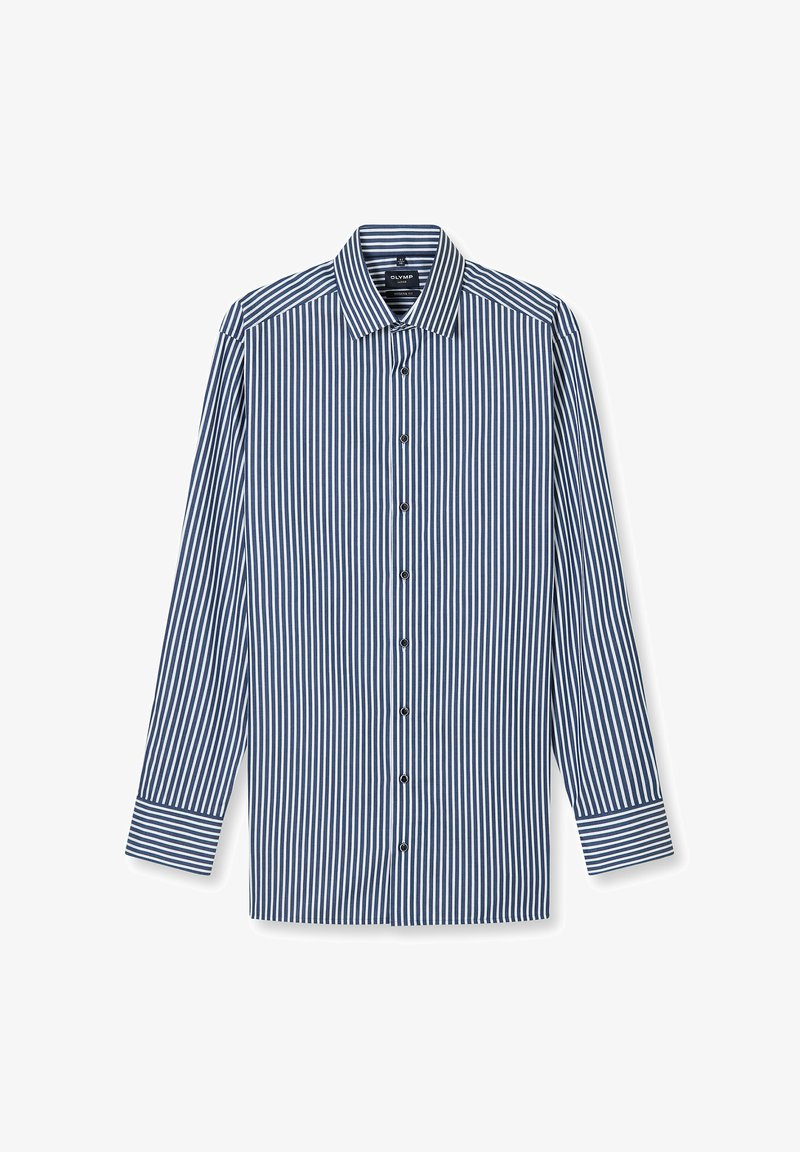 Langärmeliges Hemd mit Knopfleiste, verfügt über vertikale marineblaue und weiße Streifen, einen Kragen und schwarze Knöpfe entlang der Vorderseite. Aus Baumwollmaterial.