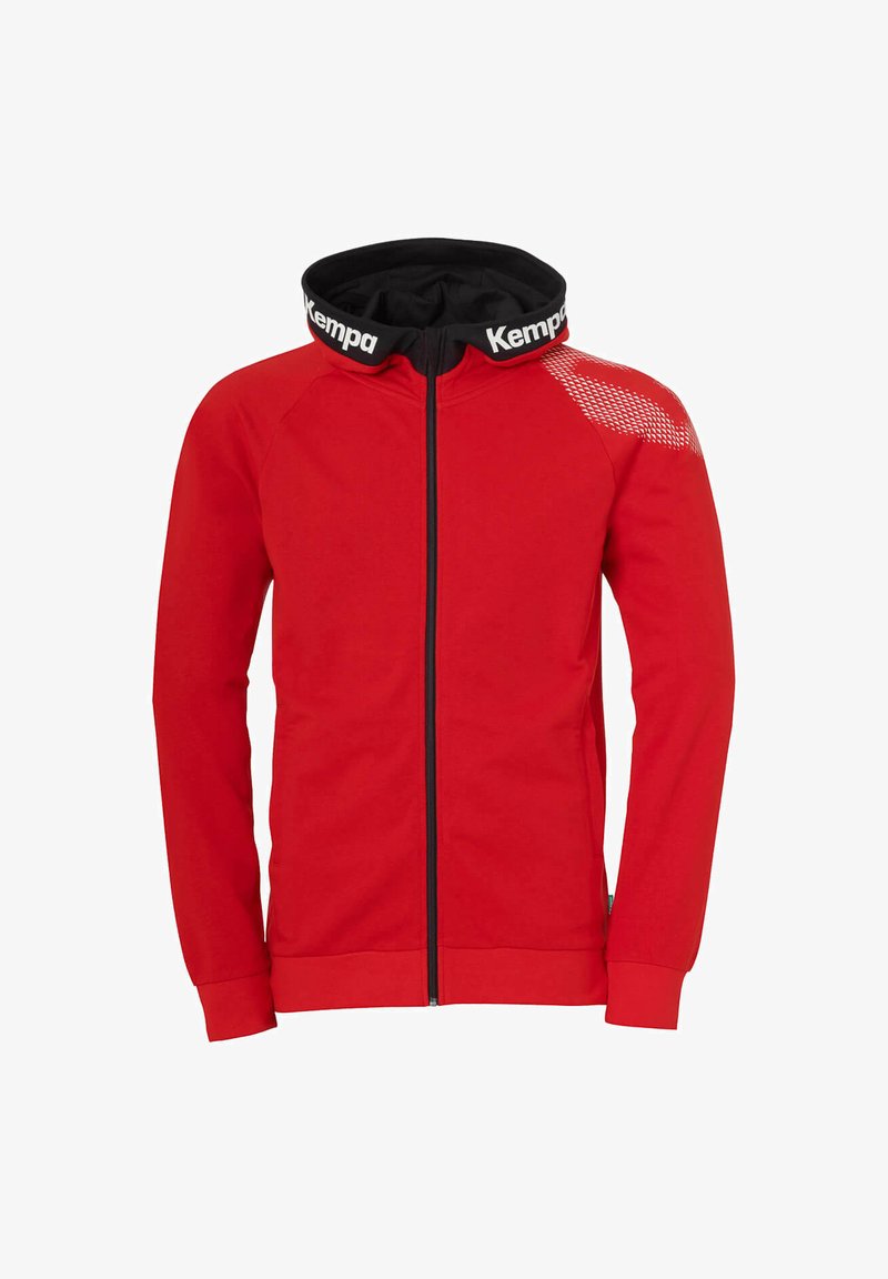 Rote Zip-Up Kapuzenjacke aus atmungsaktivem Material, mit schwarzem Innenfutter und weißem Logo am Halsausschnitt sowie einem gemusterten Design an den Schultern.