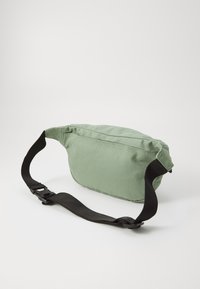 Grüne Canvas-Tasche mit rechteckiger Form, ausgestattet mit einem schwarzen verstellbaren Tragegurt und einer Plastikschnalle. Glatte Textur, minimalistisches Design.