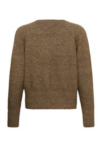 Pull marron tricoté à manches longues avec encolure ronde et ourlet côtelé, vu de dos.