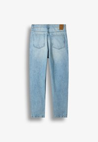 Light blue denim jeans shown from the back with two pockets and a brown leather patch on the waistband.