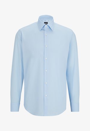 Light blue long-sleeve shirt made of smooth fabric, featuring a classic collar and button-down front. No visible patterns or accents.