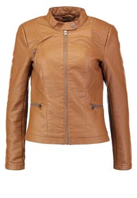 Veste en cuir tan avec fermeture éclair à l'avant, poches latérales zippées, panneaux d'épaule matelassés et fermeture à pression au col.