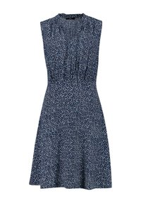 Robe marine à motif floral, avec un design sans manches, un col froncé et une jupe évasée. Fabriquée en tissu léger.