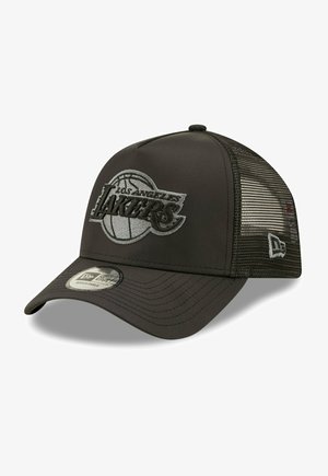 Black baseball cap with a mesh back, featuring a raised gray Los Angeles Lakers logo and adjustable strap. Circular New Era sticker on visor.