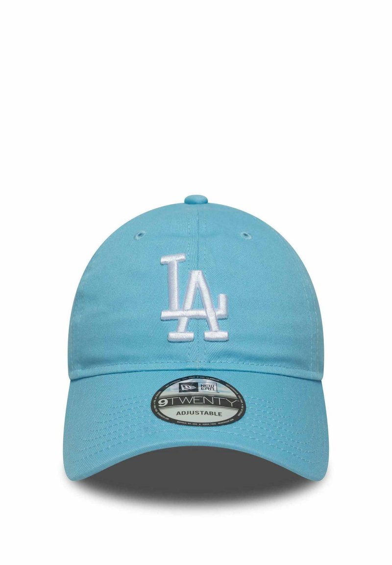 Hellblau verstellbare Baseballcap mit weiß gesticktem "LA"-Logo, runder Krone und gebogenem Schirm. Mit Belüftungsösen.