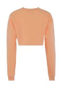 Persikofärgad kort sweatshirt med långa ärmar och ribbade muddar, visad bakifrån mot en vit bakgrund.