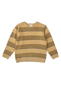 Suéter de punto en amarillo y gris con rayas diagonales. Presenta un escote redondo y puños y dobladillo acanalados. Textura acogedora.
