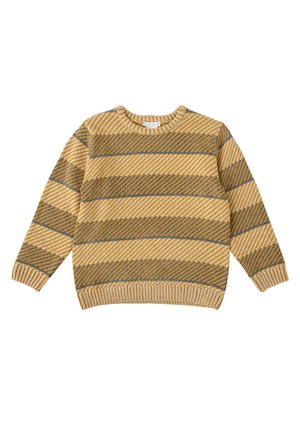 Suéter de punto en amarillo y gris con rayas diagonales. Presenta un escote redondo y puños y dobladillo acanalados. Textura acogedora.