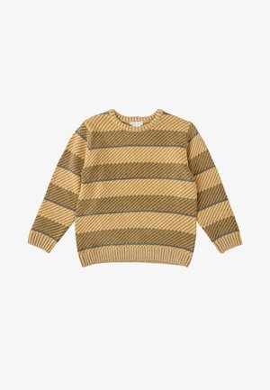 Pull en tricot jaune et gris avec des rayures diagonales. Caractérisé par un col rond et des poignets et un ourlet côtelés. Texture douillette.