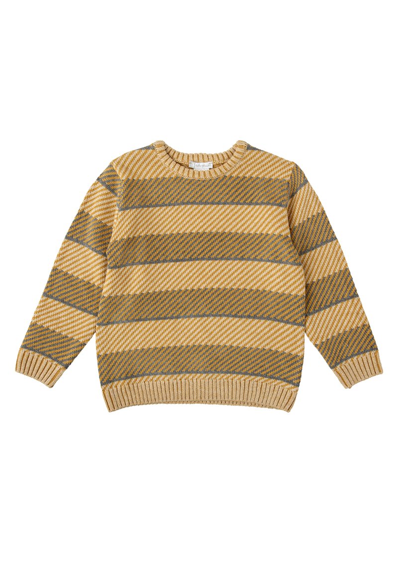 Suéter de punto en amarillo y gris con rayas diagonales. Presenta un escote redondo y puños y dobladillo acanalados. Textura acogedora.