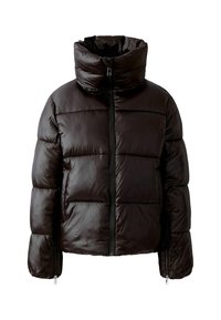 Schwarze Pufferjacke mit hohem Kragen, Reißverschluss auf der Vorderseite und seitlichen Reißverschlüssen. Hergestellt aus glänzendem Material mit genähten horizontalen Abschnitten zur Isolierung.