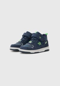 Navy high-top sneakers made of suede with green accents, featuring a Velcro strap, lace design, and a textured rubber sole.