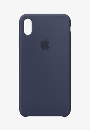 Apple iPhone XS case in dark blue silicone. Smooth texture, subtle embossed logo, cutout for camera, rounded edges, snug fit design.