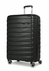 Valigia rigida di colore verde scuro con una superficie texture a motivo angolato. Presenta un manico telescopico, chiusura con zip e quattro ruote pivottanti.