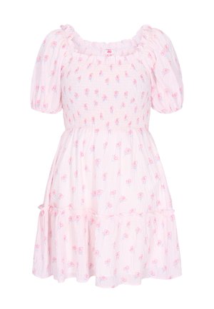 Jasnoróżowa krótka sukienka z bufkowymi rękawami, gorsetem z marszczeniem i drobnym wzorem z różowych róż na całej powierzchni.