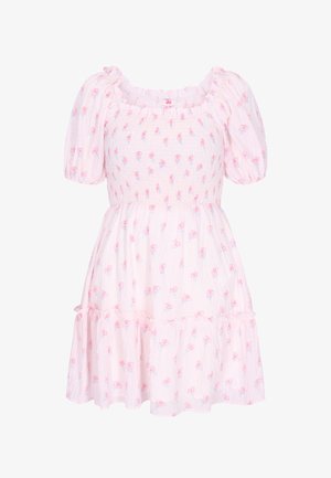 Jasnoróżowa krótka sukienka z bufkowymi rękawami, gorsetem z marszczeniem i drobnym wzorem z różowych róż na całej powierzchni.