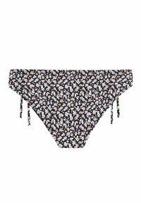 Bikini spodky s kvetinovým vzorom v čiernej farbe s malými modrými, ružovými a bielymi kvetmi. Obsahuje viazanie na bokoch a klasický strih.