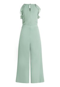 Ærmeløs lysegrøn jumpsuit med vide ben, flæse-detaljer på skuldrene og lukkes med knapper bagpå ovenfor taljesømmen.