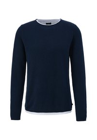 Tummansininen pitkähihainen teksturoitu neulepusero, jossa on valkoinen sisäkaulus ja helman yksityiskohtia, ei näkyviä logoja tai koristeita.