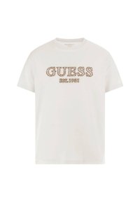 Bijela pamučna majica s rebrastim okruglim izrezom i kratkim rukavima. Na prednjoj strani ispisano je "GUESS EST.1981" u teksturiranoj smeđoj vezici.