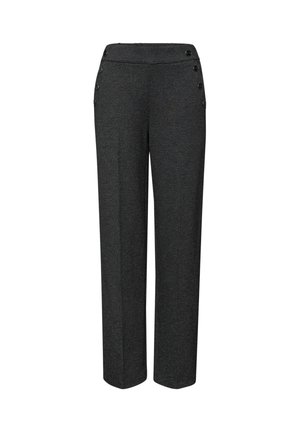 Pantalones oscuros de corte a medida, confeccionados en tejido texturizado, con cintura alta, pierna recta y botones decorativos negros en el lateral.