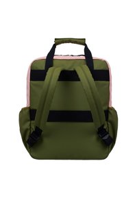 Olive green backpack with two black straps and a pink accent at the top, featuring a sturdy handle and a smooth, textured finish.