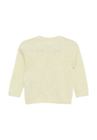 Hellgelbes gestricktes Sweatshirt mit Herzmuster, langen Ärmeln und rundem Halsausschnitt. Weicher Stoff, gerippte Bündchen und Saum.