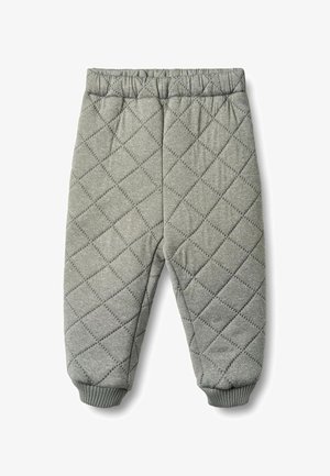 Sivé prešívané nohavice s diamantovým vzorom, elastickým pásom a rebrovanými manžetami. Jemná textúra látky zvyšuje pohodlie a teplo.