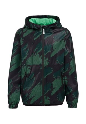 Dziecięca kurtka z kapturem w zielono-czarny wzór cyfrowego kamuflażu, z przednim zamkiem błyskawicznym, dwoma kieszeniami na zamki i elastycznymi mankietami.