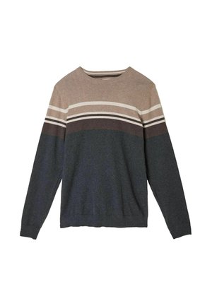 Strickpullover mit Rundhalsausschnitt, langen Ärmeln und horizontalen Streifen in Beige, Creme, Braun und Dunkelblau, mit strukturiertem Finish.