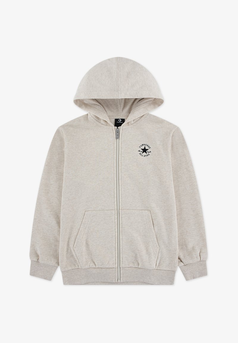 Sweat à capuche gris clair zippé avec une capuche, des poches avant et un logo circulaire noir sur le côté gauche de la poitrine. Confectionné dans un tissu doux et texturé.