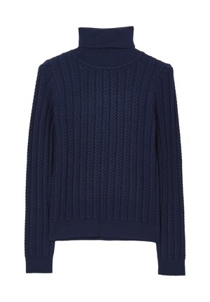 Maglione a collo alto lavorato a maglia di colore navale con motivo a coste, caratterizzato da un design aderente e maniche lunghe, realizzato in un materiale morbido e testurizzato.