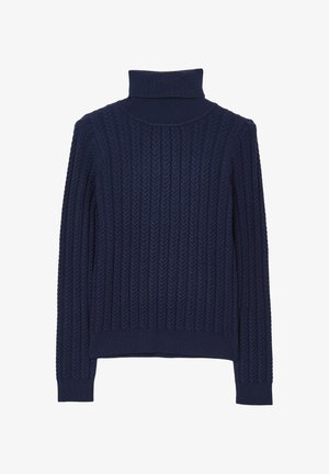 Marineblauer Strickrollkragenspullover mit Rippmuster, in figurnaher Passform und mit langen Ärmeln, aus einem weichen, strukturierten Material gefertigt.