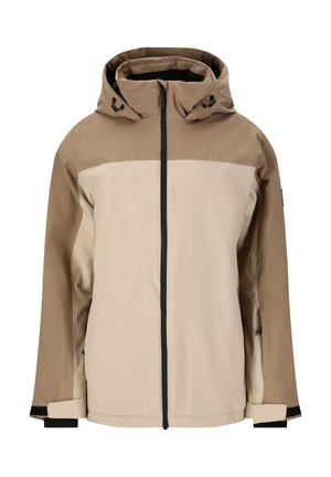 Water-resistant jacket with a tan and cream color block design, adjustable hood, and black zipper. Features elastic cuffs and side pockets.