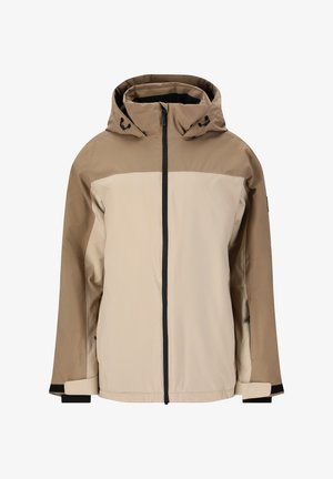 Water-resistant jacket with a tan and cream color block design, adjustable hood, and black zipper. Features elastic cuffs and side pockets.