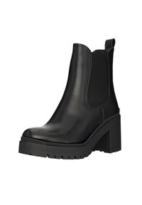 Svart ankelboot i blank läder, med elastiska sidopaneler, en kraftig klack och en texturerad gummisula för bra grepp.