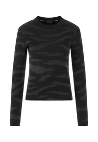 Black long-sleeve sweater featuring a wave-patterned texture. Ribbed fabric with a crew neckline, offering a fitted silhouette.