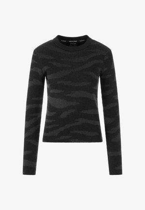 Schwarzer Langarm-Pullover mit wellenförmiger Textur. Rippstrickstoff mit Rundhalsausschnitt, der eine figurbetonte Silhouette bietet.