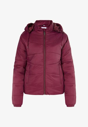 Geacă puf cu glugă ajustabilă, fermoar pe față și manșete elastice, de culoare burgundă; are detalii cu panouri cusute și o textură netedă și lucioasă.