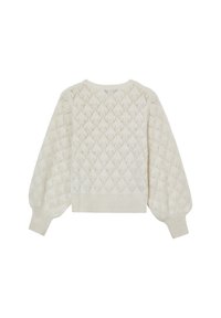 Cremfarbener Pullover mit Diamantstrickmuster, Ballonärmeln und geripptem Saum. Aus weichem, strukturiertem Material gefertigt.