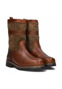 Bruine leren enkelboots met suede accenten, ronde neus, stevige rubberen zool en een twee-tonen ontwerp met een gladde en gestructureerde afwerking.