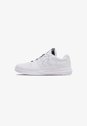 White athletic shoe featuring a textured synthetic upper, navy accents, a cushioned sole, and a simplified lacing system for support.